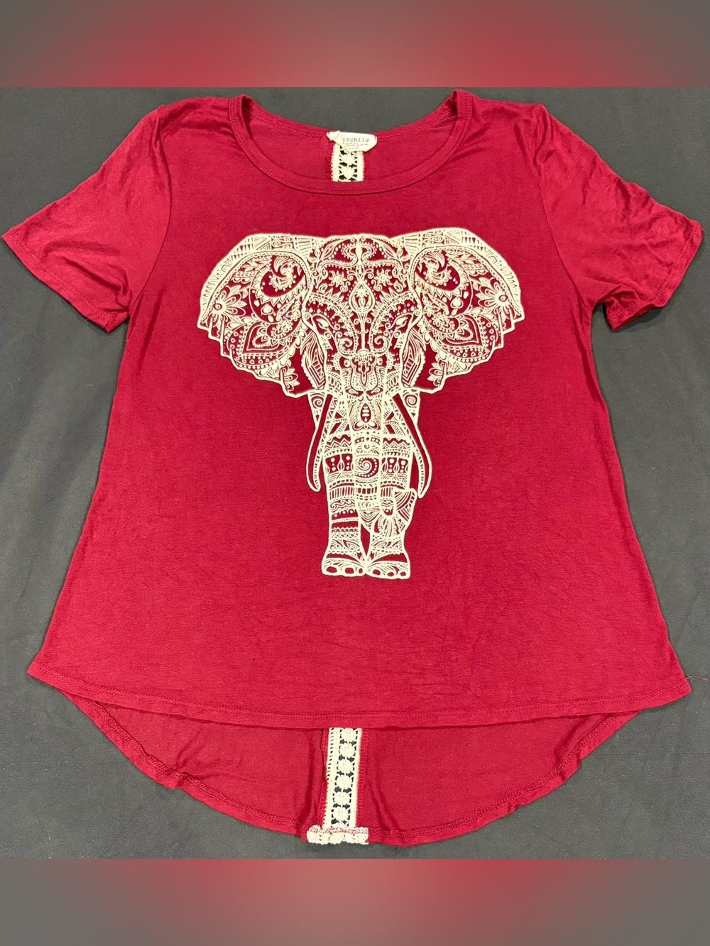 Moonchild Womens Large Red Elephant Graphic Boho Hi Low Top Lace Back Rhinestone